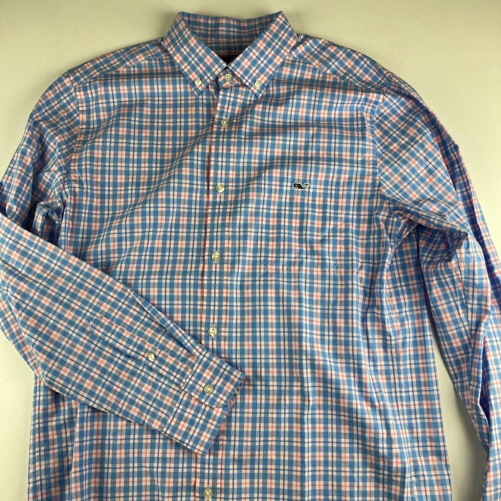 Vineyard Vines Tucker Shirt Mens M Blue Pink Plaid Button Down Cotton